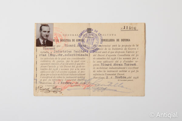 Spanish Civil War - War Industries work certificate of the Generalitat de Catalunya  1936