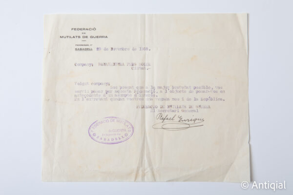 Spanish Civil War - War Mutilated Federation Sabadell 1938