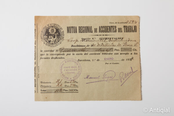 Spanish Civil War - General Collectivized Work Accident Mutual Fund 1938