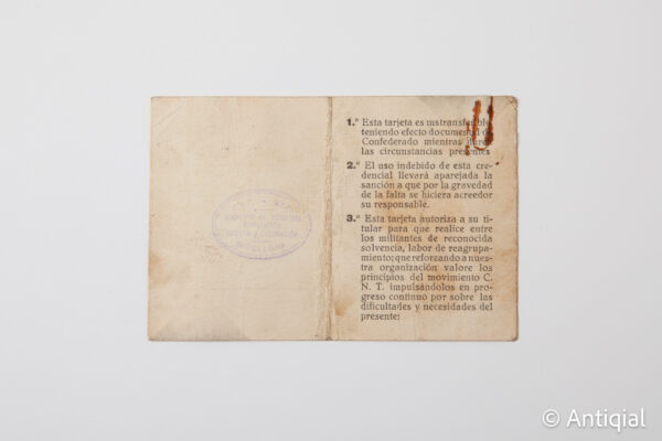 Dictadura franquista - Carnet CNT Postguerra 4434