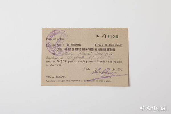 Spanish Post-war - License to use radio device year 1939