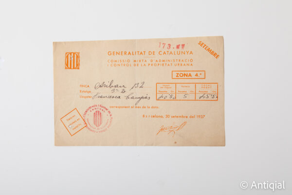 Spanish Civil War - Generalitat property rental receipt