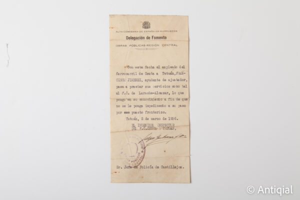 Segunda República - Pase Delegación del Gobierno en Marruecos Ferrocarrils